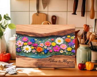 Tabla de cortar de VIDRIO (NO DE MADERA) Personalizada con flores, regalo de boda, nombre y fecha personalizados.