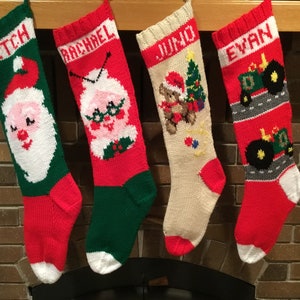 Mrs Claus, Santa, Teddy Bear, Tractor, Reindeer, Puppy Knit Christmas Stocking, Personalized Christmas Stocking, Vintage Christmas Stocking