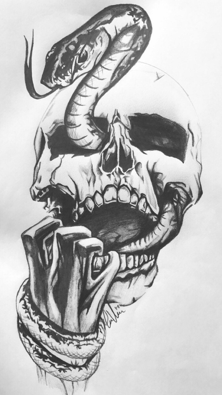 Skull & Snake Drawing on Paper - Etsy