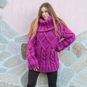 2XL Ready to ship purple chunky wool sweater with extra large turtleneck women cozy knitwear for winter season image 2