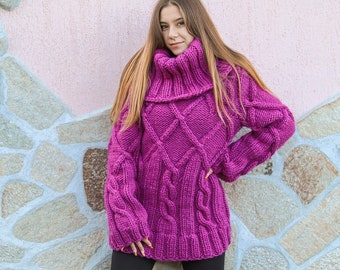 Purple Wool Sweater, Cable Knit Pullover, Giant Turtleneck, Winter Warm Clothing, Oversized Sweater, Big Women Pullover, Ski Resort Sweater
