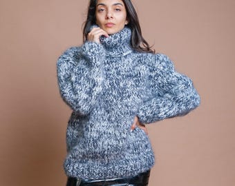 Ready to Ship 3XL Melange Fluffy Mohair Sweater, Handmade Turtleneck Thick Pullover, Black and White Warm Jumper, Unisex Comfy Sweater