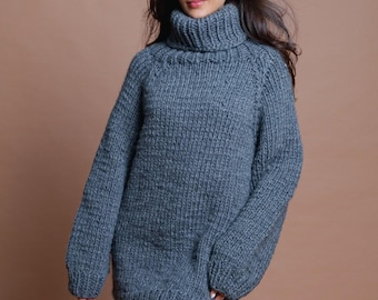 Pronto per la spedizione, taglia 3XL, maglione da donna in lana grigia lavorato a mano, pullover invernale oversize in lana di alta qualità, maglione unisex comodo, pullover grande e accogliente