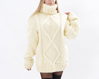 Alpaca Sweater, Beige Knit Pullover, Extra Soft Sweater, Turtleneck Sweater, Giant Chunky Sweater, Oversize Clothing, Warm Winter Sweater