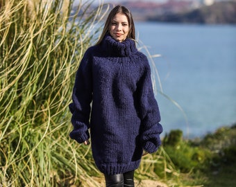 Knit oversize wool sweater, Chunky turtleneck wool pullover, Wool warm cardigan