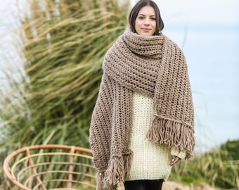Wool Knit Scarf, Beige Long Scarf, Wide Wool Scarf, Hand