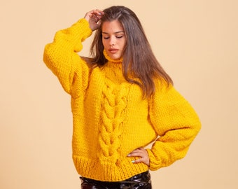 Yellow Knit Sweater, Sexy Women Sweater, Bohemian Sweater, Knitted Sweater, Cable Knit Sweater, Oversized Sweater, Cable Knit Sweater