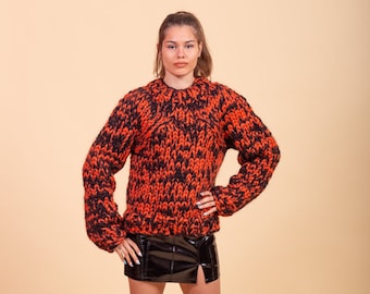 Red and Black Merino Sweater, Melange Merino Wool Jumper, Turtleneck Pullover, Women Jumper, Loose Knitwear, Cozy Woolen Sweater