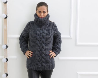 Grey cable  wool sweater, Winter turtleneck pullover, Crochet warm cardigan, Oversize slouchy top