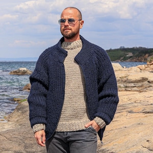 New Dark Blue Wool Cardigan with Zipper, Mens Winter Sweater, Hand Knitted Pullover, Zipper Knit Bomber,Oversized Knitwear,Plus Size Sweater