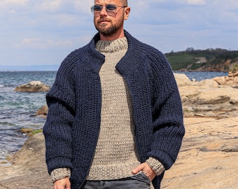 Hand-Knitted Wool Cardigan: Dark Blue Zipper Sweater, Plus Size Knitwear