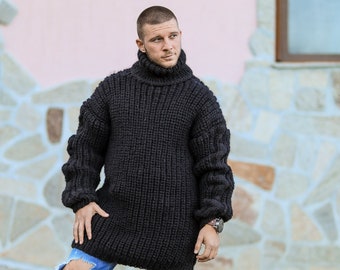 Huge Black Sweater For Man, Oversized Man Pullover, Winter Wool Clothing, Knit Blouse, Plus Size Clothing, Wool Jumper, Turtleneck Sweater