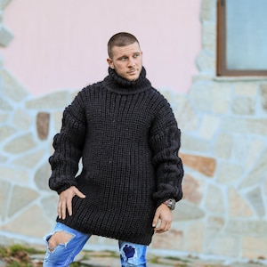 Huge Black Sweater For Man, Oversized Man Pullover, Winter Wool Clothing, Knit Blouse, Plus Size Clothing, Wool Jumper, Turtleneck Sweater