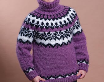 Men's Purple Icelandic Sweater, Hand Knit Fair Isle Turtleneck, Chunky Mohair Pullover, Nordic Knit Sweater, Winter Gift for Him