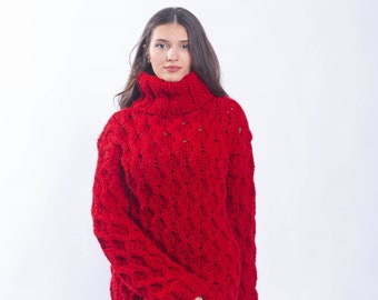 Red Unisex Cable Handmade Oversized Soft Wool Sweater by Molimarks