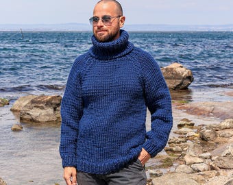 L Size Ready to Ship Blue Wool Sweater For Men, Winter Premium Wool Pullover, Giant Man Sweater, Huge Cozy Pullover, Boyfriend Winter Gift