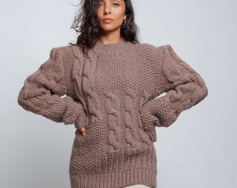 Ready to Ship L Taupe Handmade Premium Wool Cable Knit Sweater, Beige Warm Winter Jumper Long Sleeves, Oversized Hand Knitted Wool Pullover