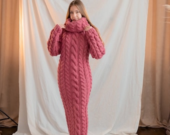 Pink Sweater Dress, Oversized Wool Dress, Extravagant Wool Dress, Turtleneck Sweater Dress, Cable Knit Dress, Avant Garde Clothing,Warm Gift