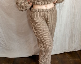 Pantalones de punto de cable de lana, ropa de salón de lana para mujeres, pantalones de lana de invierno para mujeres, pantalones caseros, pantalones de lana cómodos, ropa de lana Holliday