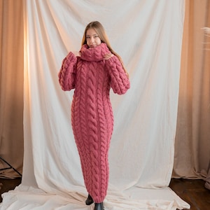 Pink Sweater Dress, Oversized Wool Dress, Extravagant Wool Dress, Turtleneck Sweater Dress, Cable Knit Dress, Avant Garde Clothing,Warm Gift