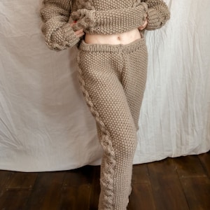 Wool Cable Knit Trousers, Women Wool Loungewear, Winter Wool Pants For Women, Home Trousers, Comfortable Wool Pants, Holliday Wool Wear