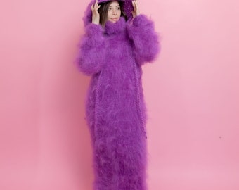 5-6 Xl Ready Magenta mohair maxi sweater dress hand knitted available in plus size