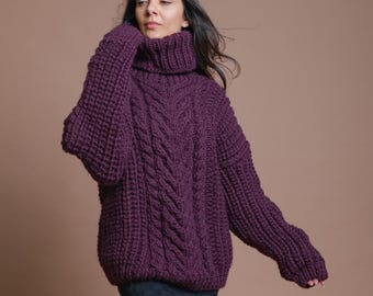 Ready to Ship 5XL Handmade Knit Super Chunky Wool Cable Aubergine Sweater For Women For Men, Thick Warm Pullover, Long Sleeve Stylish Blouse