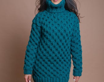 Ready to Ship 2XL Handmade Green Wool Sweater Dress, Oversized Wool Pullover, Extravagant Wool Turtleneck Sweater Dress, Cable Knit Sweater