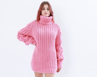 Pink Wool Sweater, Turtleneck Knit Pullover, Oversized Chunky Sweater, Knitted Winter Sweater, Winter Clothing, Baby Pink Pullover,Warm Gift