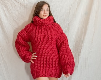 Red Chunky Sweater, Wool Pullover, Turtleneck Sweater, Winter Sweater, Plus Size Clothing, Knitted Wool Sweater, Women Oversized Pullover