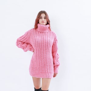 Pink Wool Sweater, Turtleneck Knit Pullover, Oversized Chunky Sweater, Knitted Winter Sweater, Winter Clothing, Baby Pink Pullover,Warm Gift