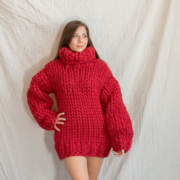 Pull Chunky rouge, Pull en laine, Pull à col roulé, Pull d’hiver, Vêtements taille plus, Pull en laine tricotée, Pull oversize pour femmes
