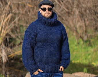 High Neck Sweater, Dark Blue Cozy Pullover, Mohair Jumper, Boyfriend Gift, Plus Size Clothing, Warm Winter Clothes, Oversized Pullover