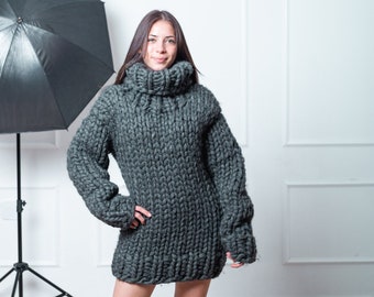 Huge Oversized Knit Sweater, Chunky Knit Sweater, Winter Wool Pullover, Handknitted Sweater, Turtleneck Pullover Sweater, Plus Size Knitwear