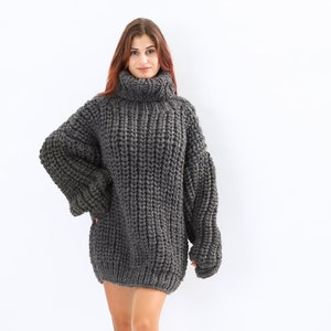 Dark Gray Knit Sweater, Chunky Cable Knitted Sweater, Wool Sweater For Women, Turtleneck Winter Sweater, Oversized Warm Knit Sweater