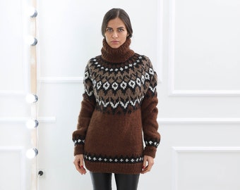 Brown Nordic Sweater, Women Turtleneck Jumper, Island Sweater, Lopapeysa Pullover, Wool Sweater, Plus Size Clothing, Winter Knitted Jumper