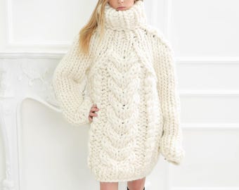 Ready to Ship XL White Chunky Wool Merino Sweater, Giant Turtleneck Cream Jumper, Women Aran Huge Sweater, Ivory Pullover, Bulky Sweater