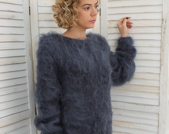 Grauer Mohair-Pullover, Frauen Mohair Pullover, flauschiger Pullover, übergroße Kleidung, slouchy Pullover, grobstrick Mohair-Pullover, Plus Size Kleidung