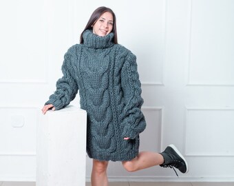 Plus Size Turtleneck Sweater, Winter Wool Sweater For Women, Warm Knit Sweater, Oversized Fall Jumper, Loose Gray Pullover, Chunky Sweater