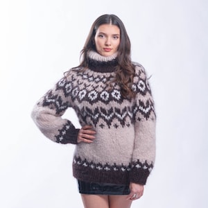 Pull islandais en mohair, pull nordique moelleux, col roulé oversize en mohair, pull Loapeysa pour femme, pull jacquard, pull tricoté main
