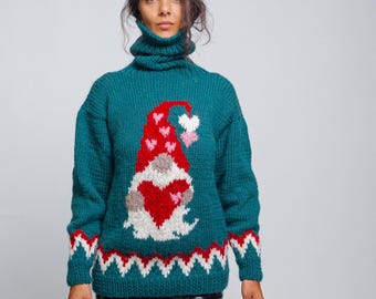 New Christmas Wool Sweater Gnome Pattern, Green Red White Handmade Knit Pullover, Long Sleeve Turtleneck Sweater