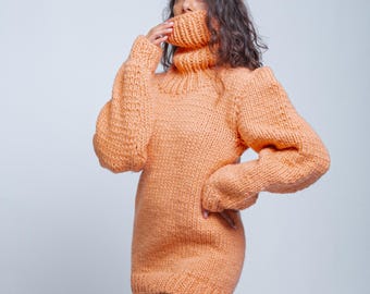 Ready to Ship XL Handmade Chunky Warm Peach Color Wool Sweater, Turtleneck Premium Wool Jumper,Unisex Lightweight Sweet Peach Color Pullover
