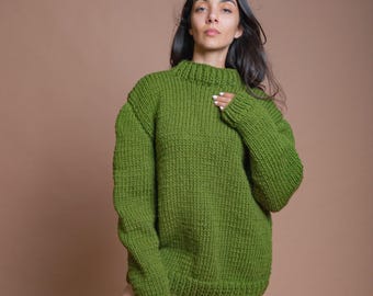 Ready to Ship 5XL Handmade Green Premium Wool Sweater, Oversized Sweater, Long Sleeve Pullover, Thick Pullover, Vintage Warm Knit Sweater