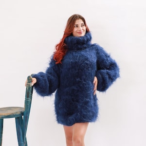 Hand Knitted Mohair Winter Sweater in Blue, Long Sleeve, Fluffy Turtleneck, Comfy Jumper, Unisex Oversize Sweater,Warm Pullover by Molimarks