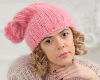 Knit mohair hat, Pink beanie hat, Fluffy winter beanie, Warm thick beanie, Slouchy knit hat