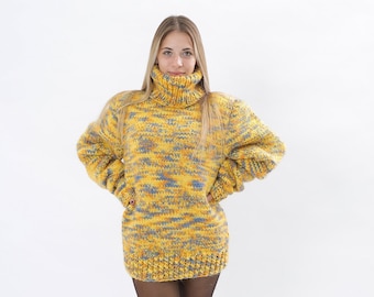 Melange Yelow Wool Sweater ,Turtleneck wool sweater, Melange hand knit cardigan, Oversize pullover,Molimarks 10250