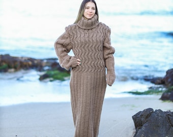 Cable Knit Wool Dress, Turtleneck Sweater Dress, Warm Floor Length Dress, Woolen Winter Dress, Chunky Knitwear, Hand Knit Sweater, Molimarks