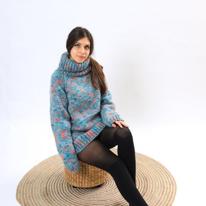 Melange Blue and Green Wool Sweater ,Turtleneck wool sweater, Melange hand knit cardigan, Oversize pullover,Molimarks 10250