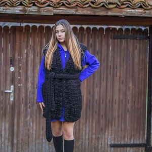 Merino Wool Vest, Sleeveless Knit Cardigan, Wool Vest With Belt, Chunky Knitwear, Women Knit Hoodie, Hand Knit Sweater, Plus Size Cardigan