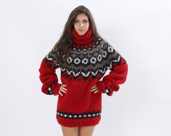 Red Nordic wool sweater ,Nordic turtleneck wool  sweater, Chunky oversize pullover, Islandic cardigan ,Wool knit sweater , 10303